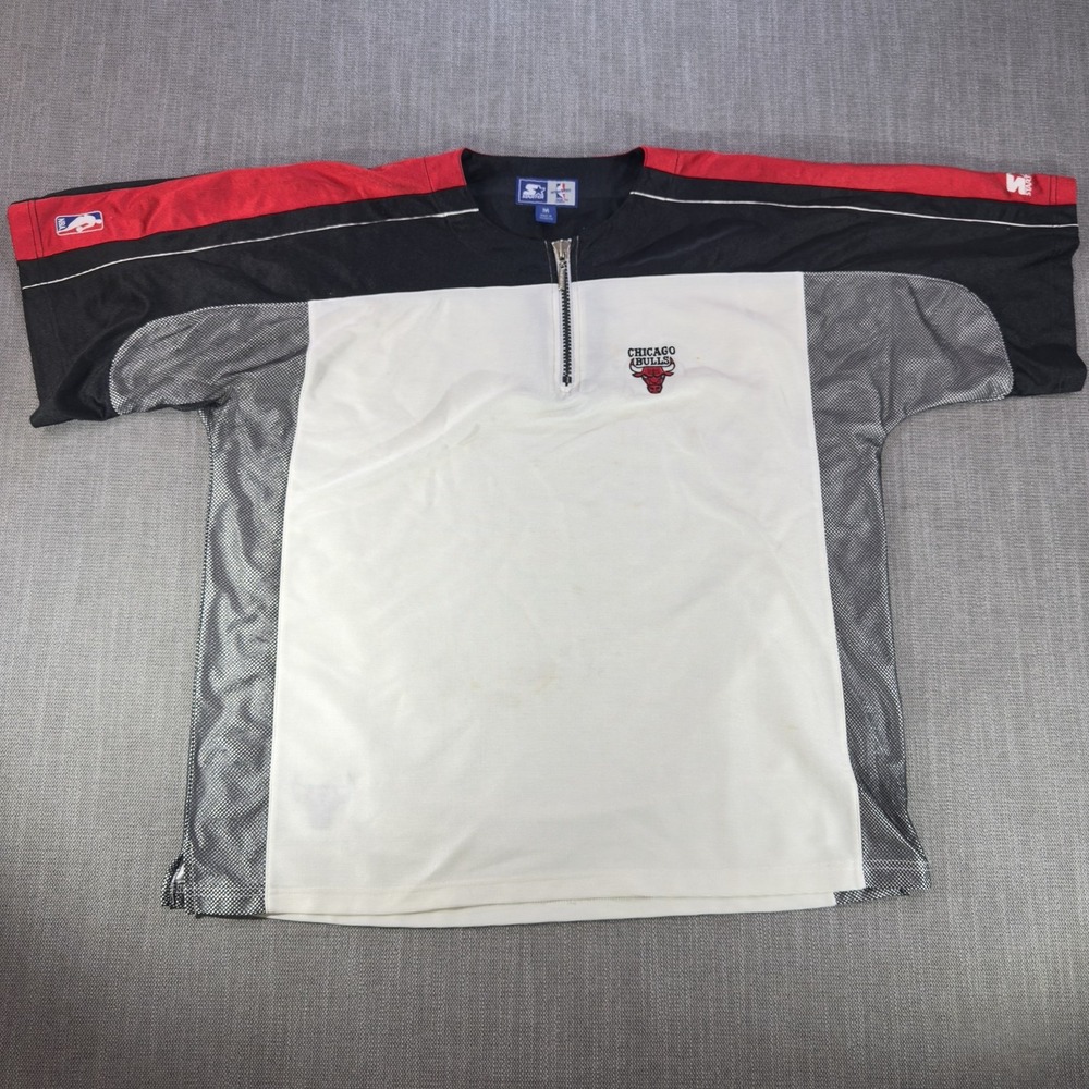 Chicago Bulls Warm Up Shirt Mens M White NBA Basketball Starter Quarter Zip